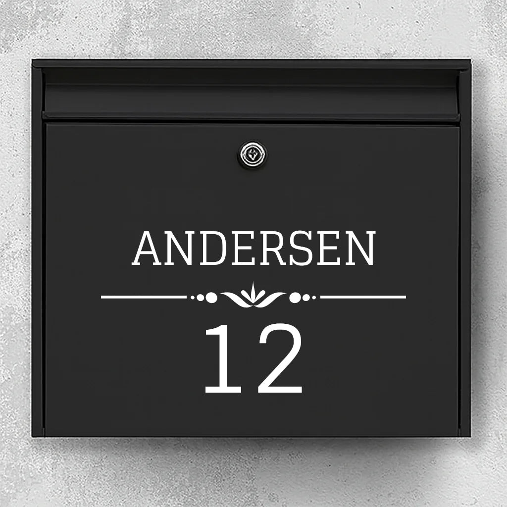 Mailbox sticker – last name with decorative line & large house number