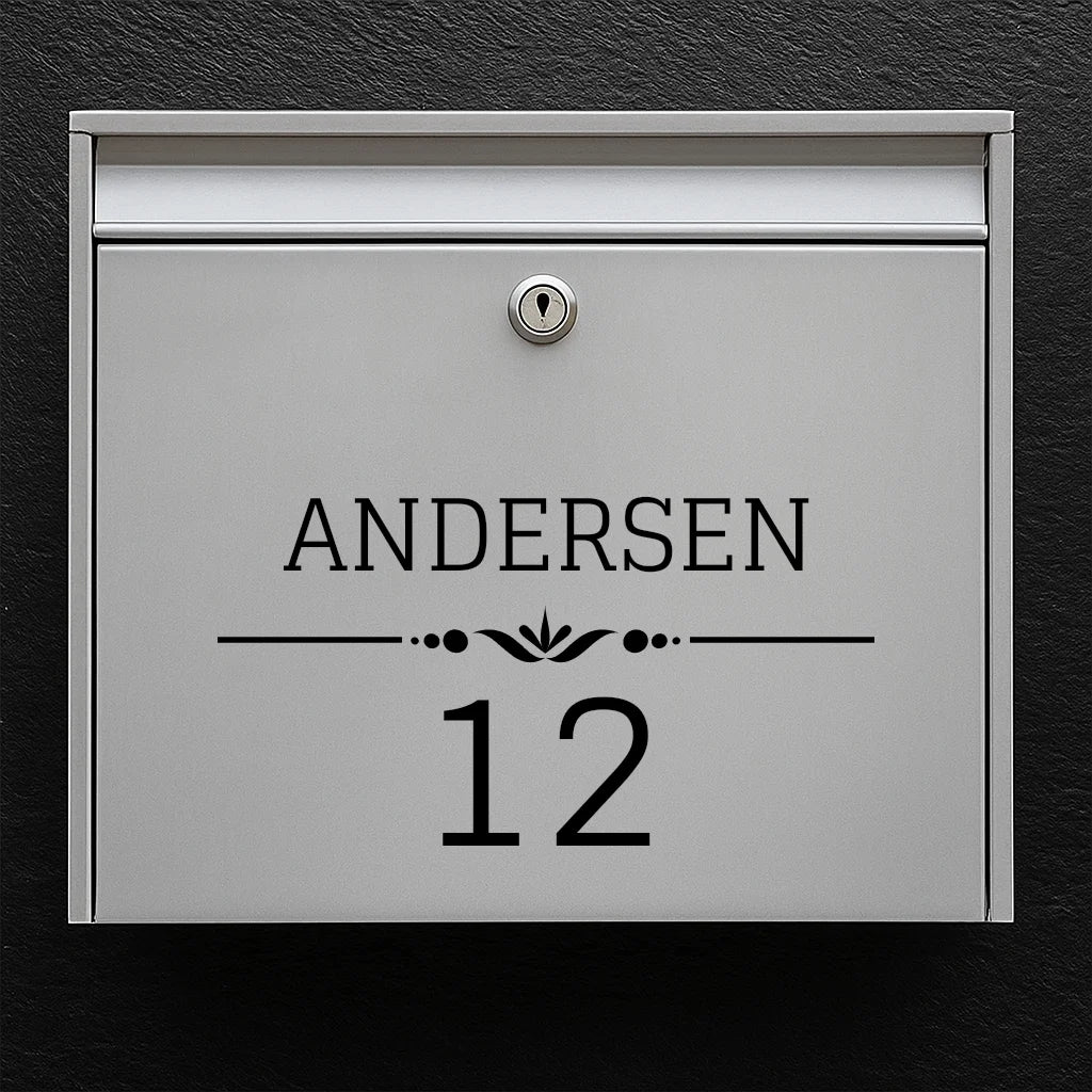 Mailbox sticker – last name with decorative line & large house number