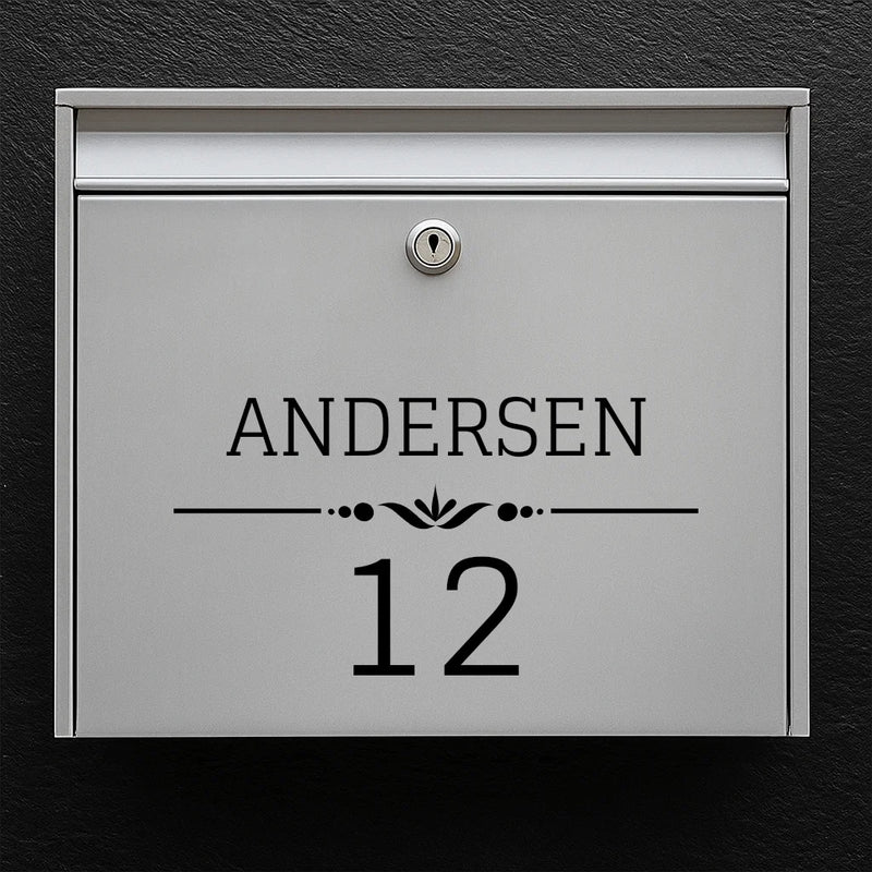 Mailbox sticker – last name with decorative line & large house number