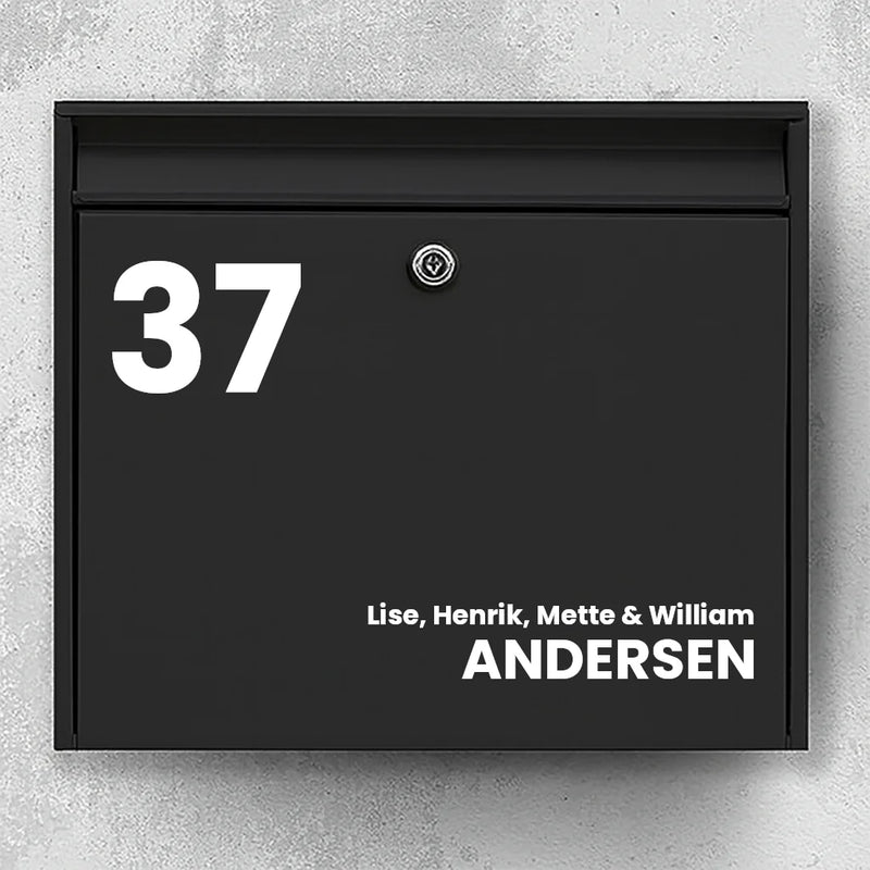 Mailbox sticker – large house number & last name (with first names)
