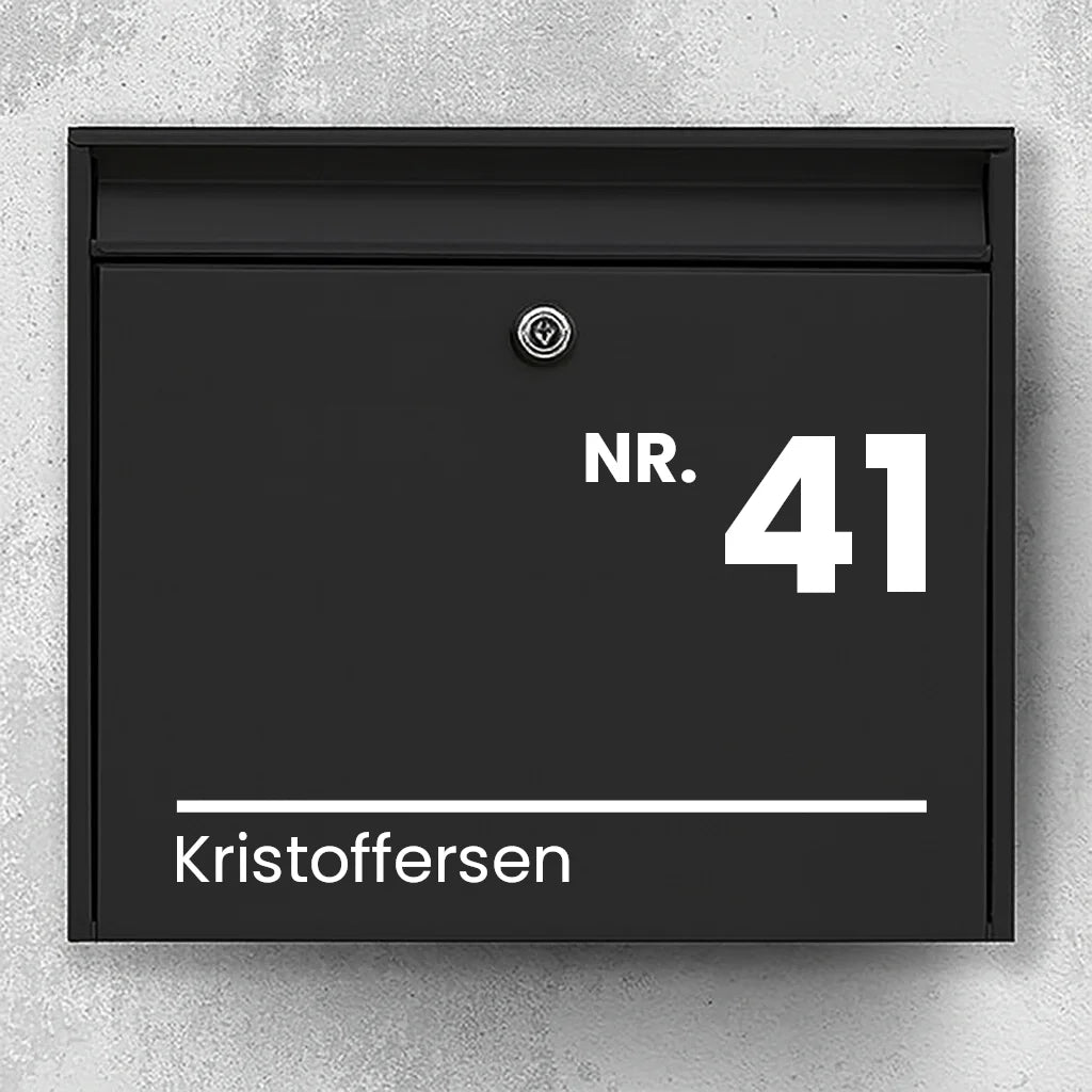 Mailbox sticker – “NR.” large house number & last name with line