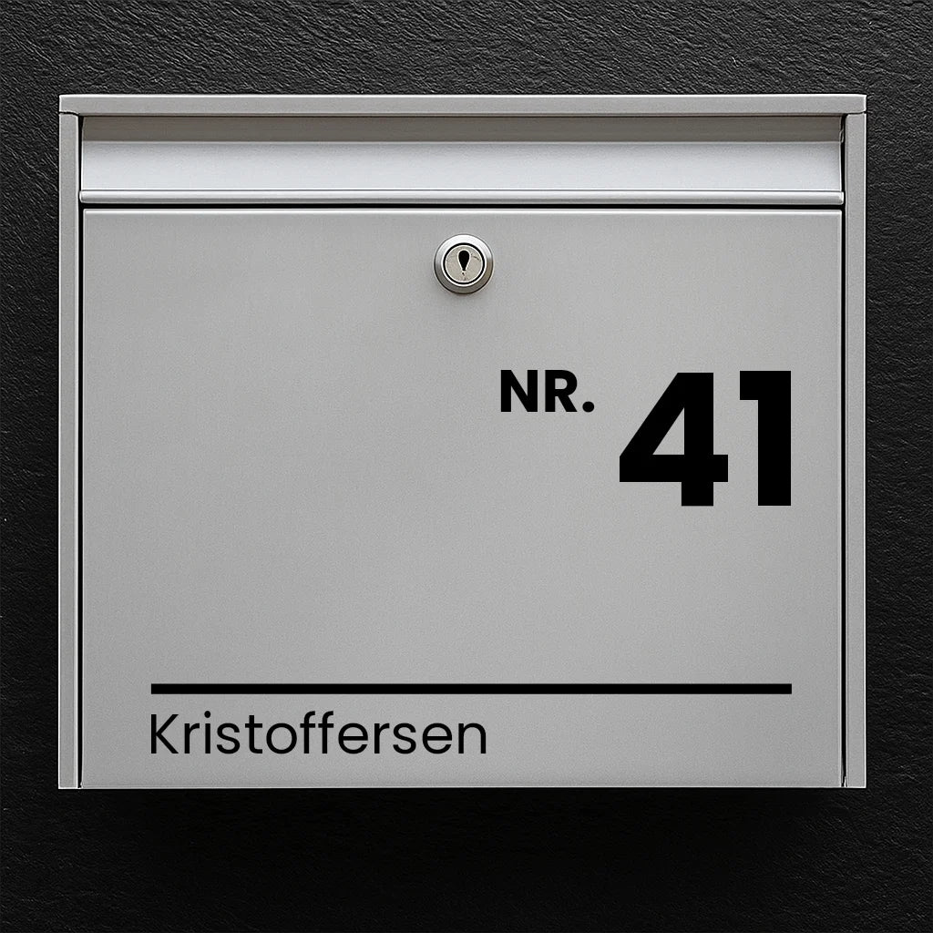Mailbox sticker – “NR.” large house number & last name with line