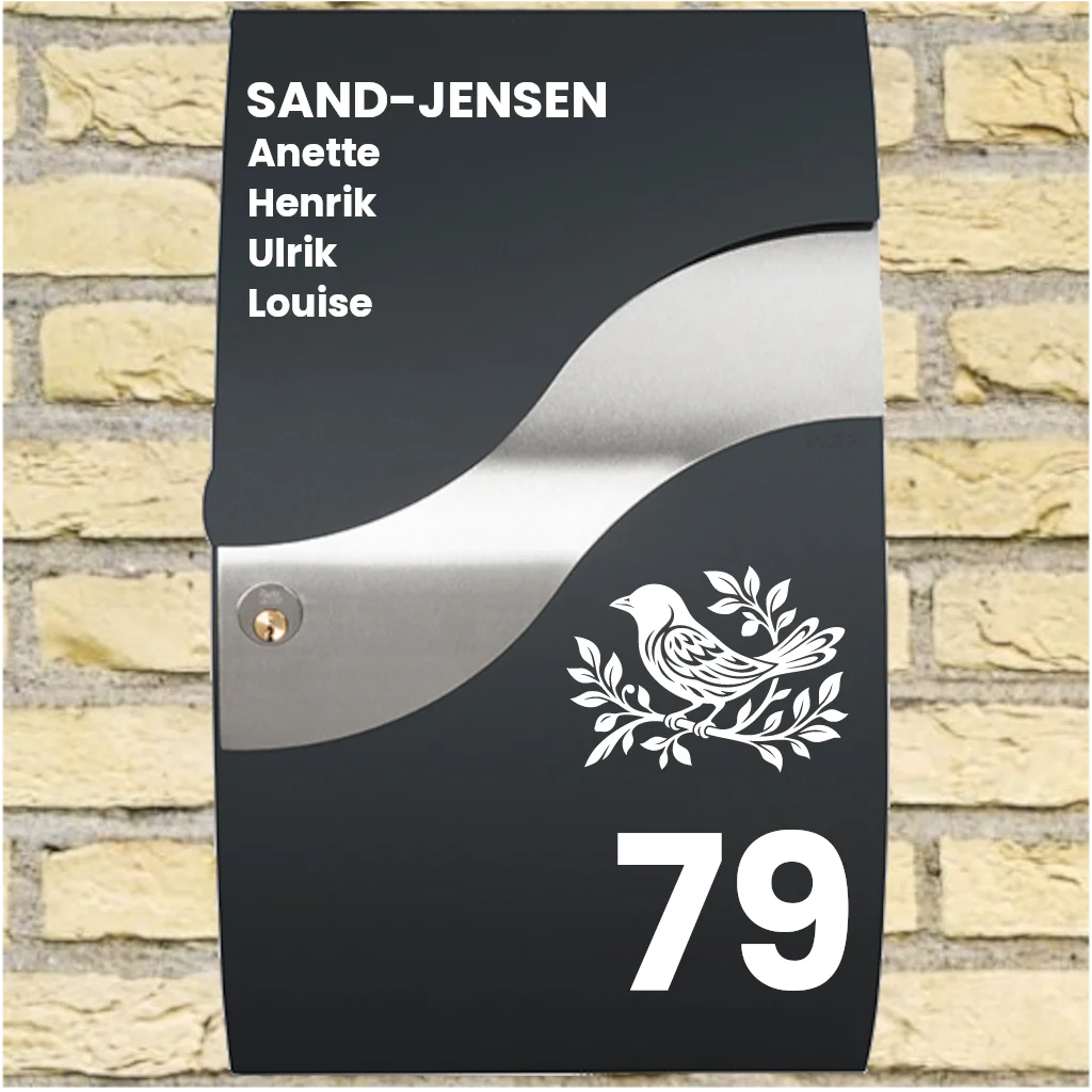 Mailbox Sticker – Wave Layout with Bird Motif, Surname, First Names & House Number