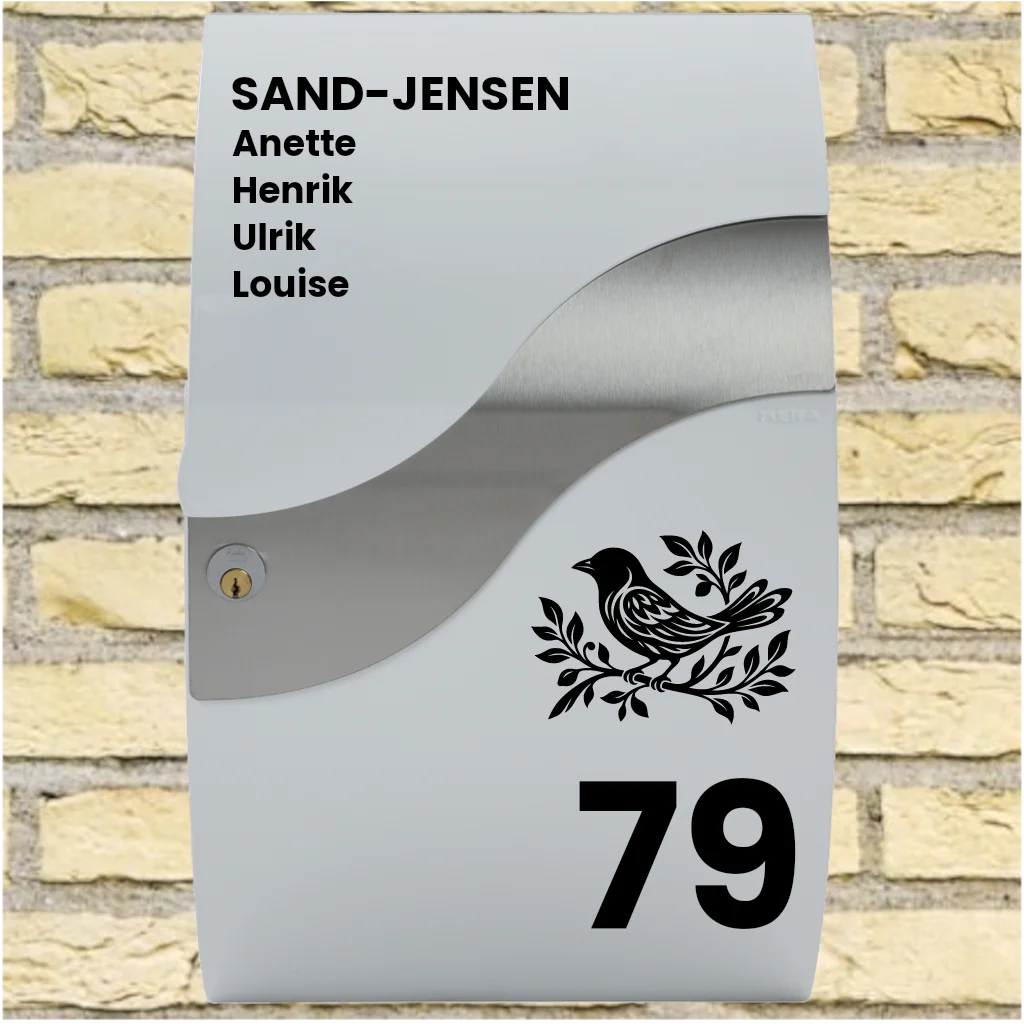 Mailbox Sticker – Wave Layout with Bird Motif, Surname, First Names & House Number
