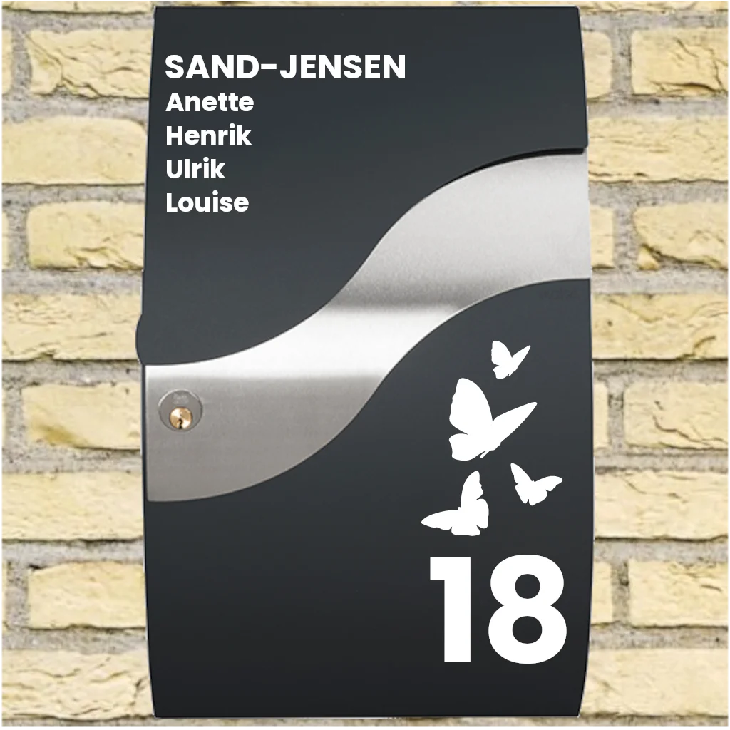 Mailbox Sticker – Wave Layout with Butterfly Motif, Surname, First Names & House Number