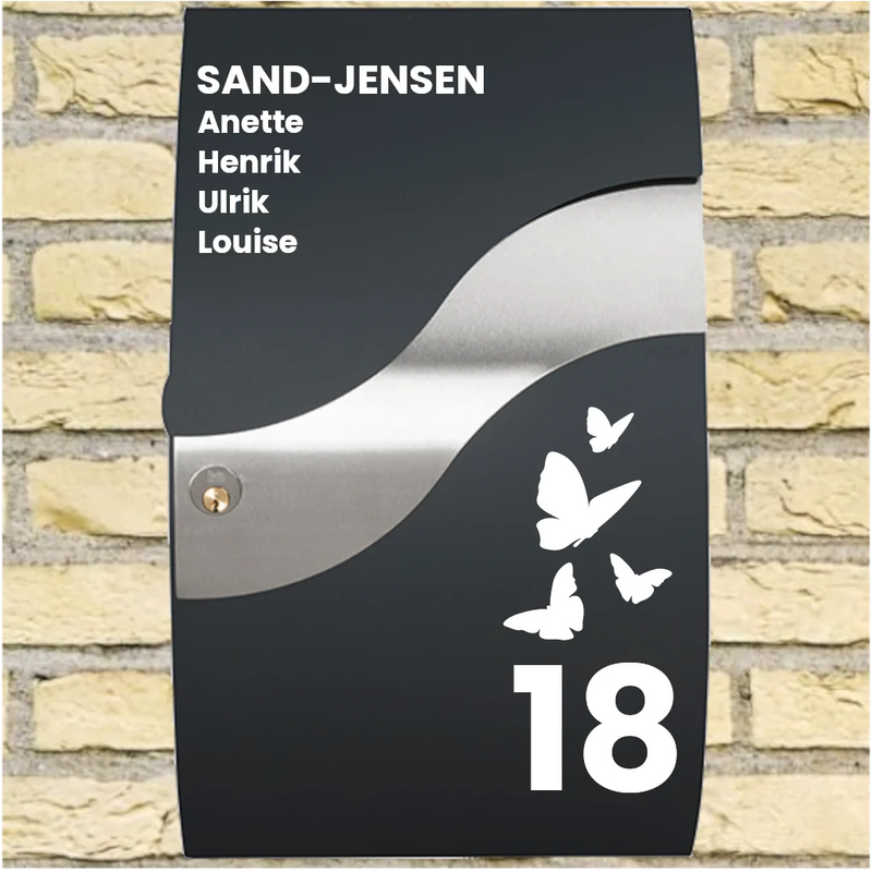 Mailbox Sticker – Wave Layout with Butterfly Motif, Surname, First Names & House Number